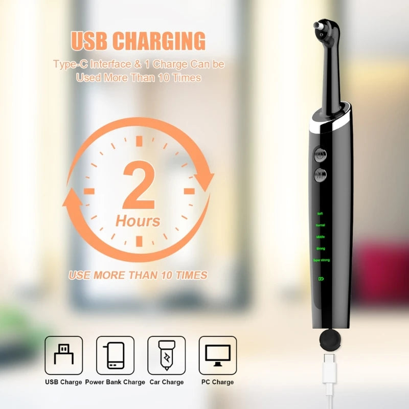 USB rechargeable electric dental tartar remover tooth polisher in white and black, designed for effective teeth cleaning and polishing.