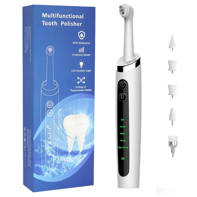 USB rechargeable electric dental tartar remover tooth polisher in white and black, designed for effective teeth cleaning and polishing.