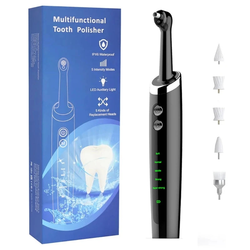 USB rechargeable electric dental tartar remover tooth polisher in white and black, designed for effective teeth cleaning and polishing.