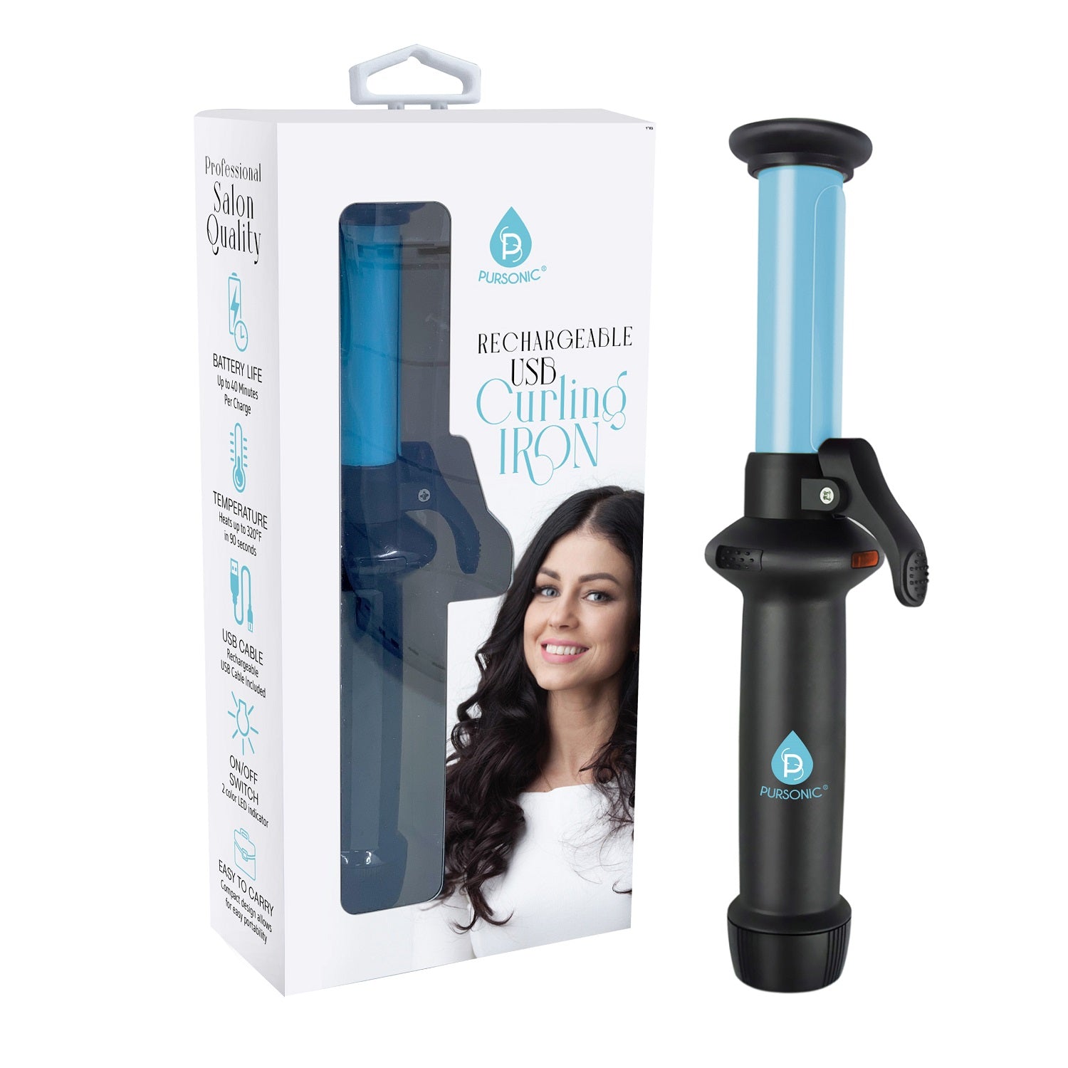 USB Rechargeable Mini Curling Iron with ceramic coated heating plate, perfect for travel and styling on-the-go.