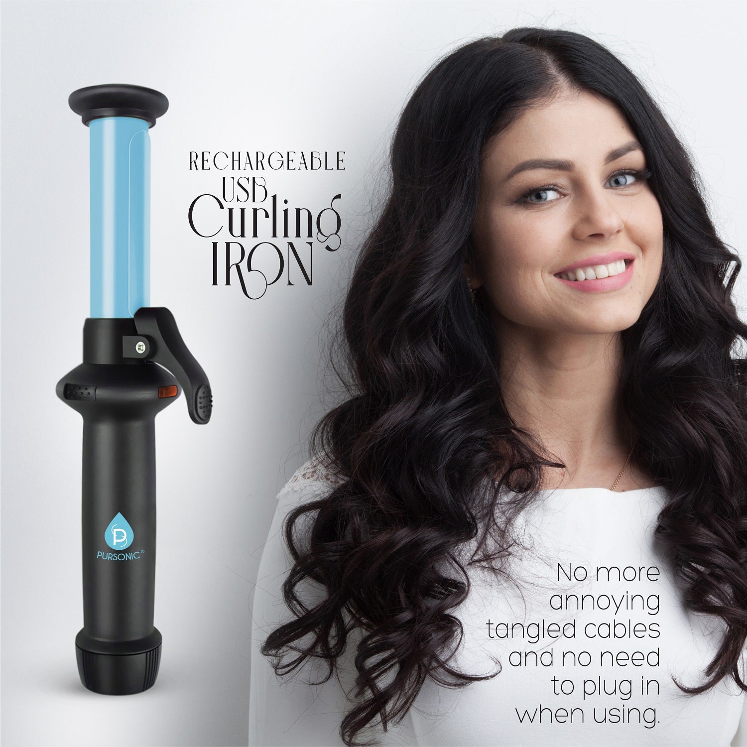 USB Rechargeable Mini Curling Iron with ceramic coated heating plate, perfect for travel and styling on-the-go.