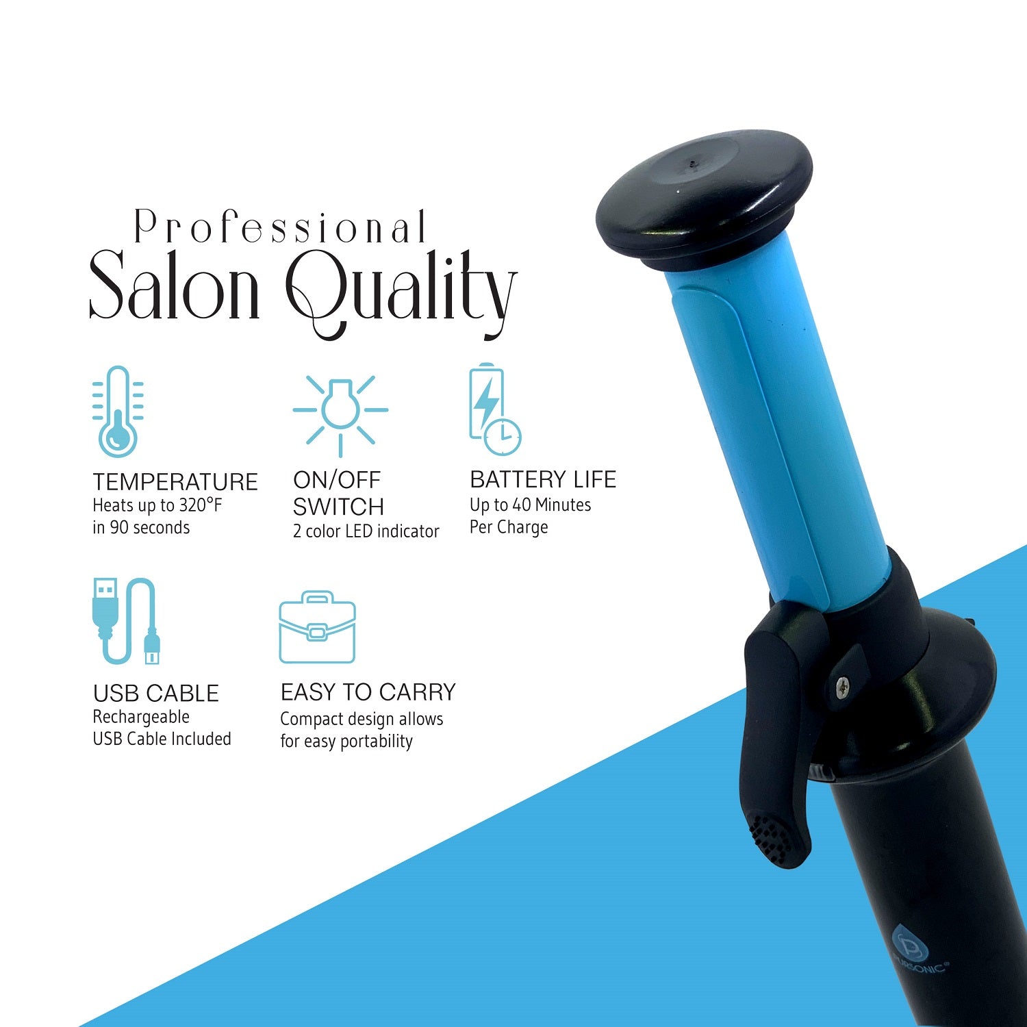 USB Rechargeable Mini Curling Iron with ceramic coated heating plate, perfect for travel and styling on-the-go.