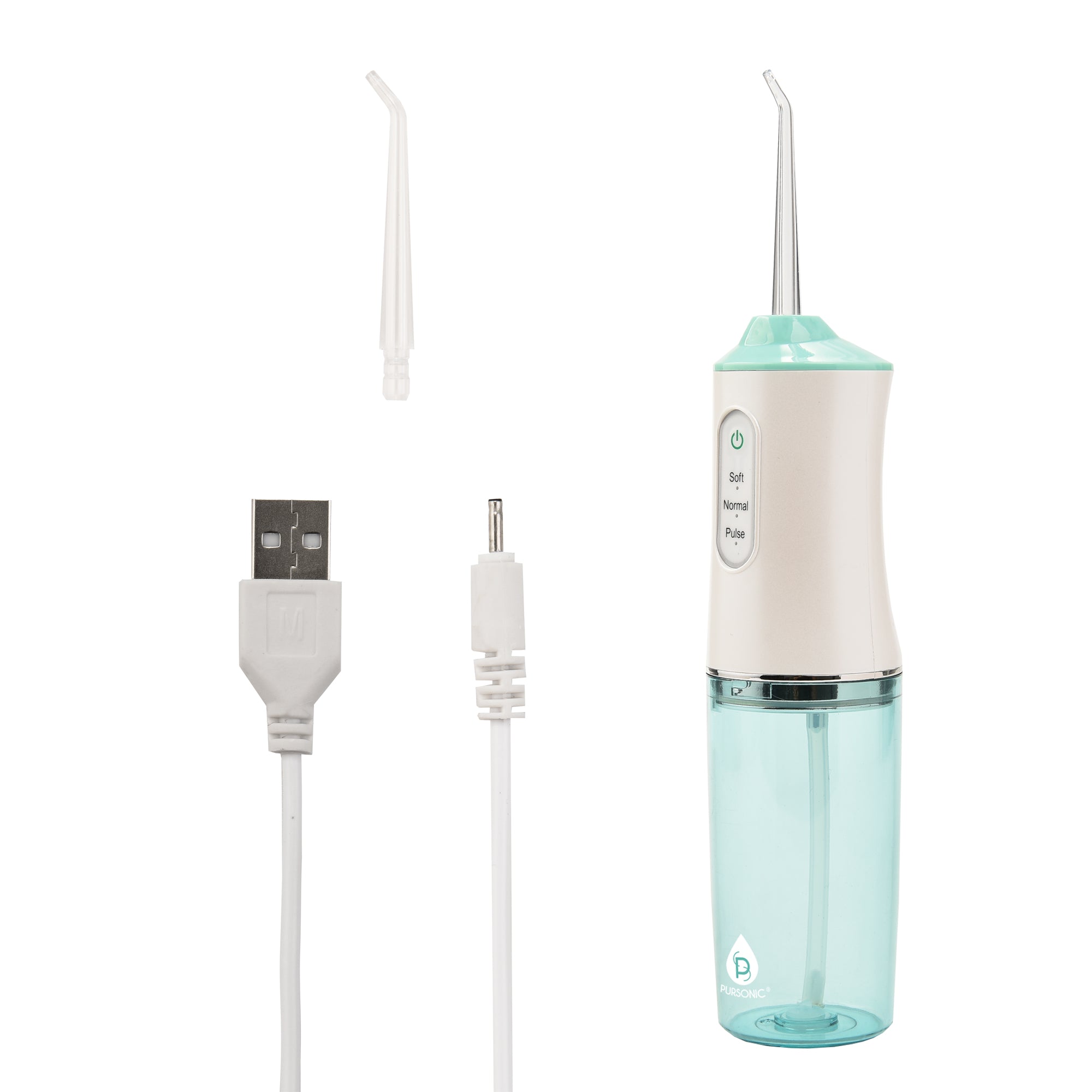USB Rechargeable Water Flosser with ergonomic handle and rotating nozzle for effective plaque removal.