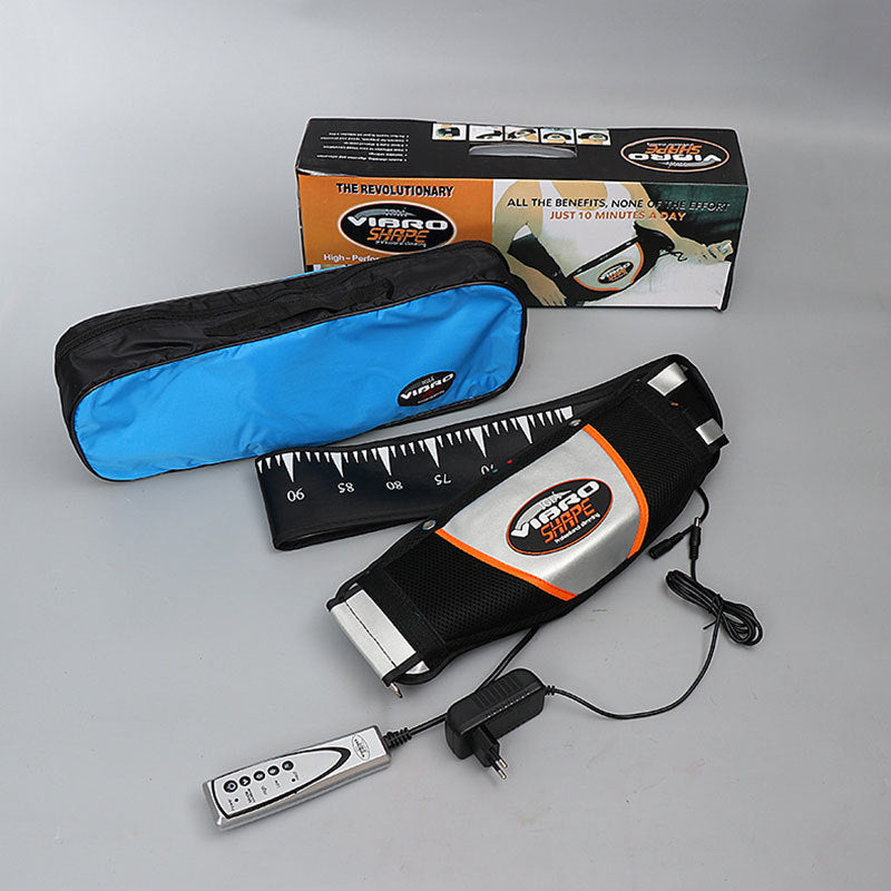 Vibration and Fat-Removing Belt designed for waist slimming and heating massage, featuring adjustable straps and a sleek design.