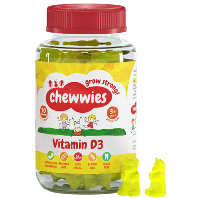 A bottle of Vitamin D3 gummies featuring colorful, citrus-flavored gummies shaped like small bears, ideal for both adults and children.
