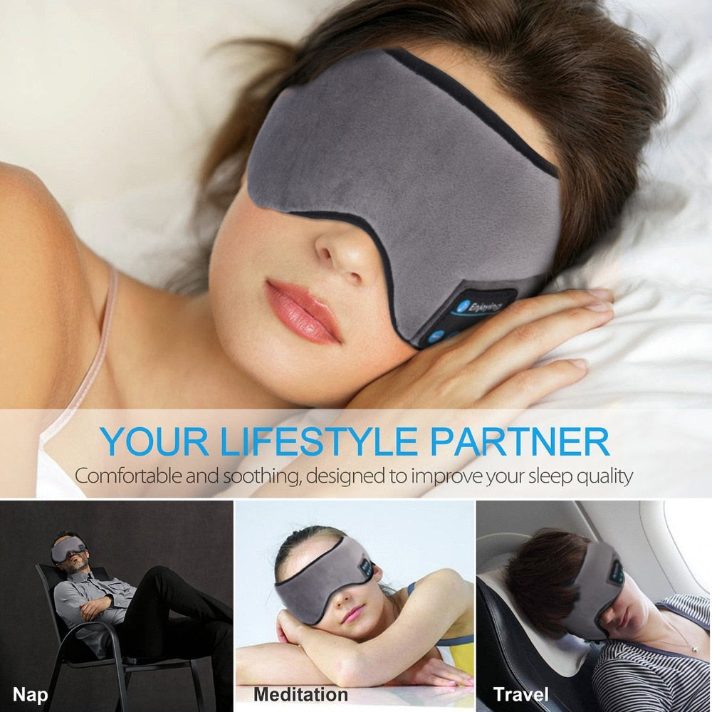 Wireless Stereo Bluetooth Earphone Sleep Mask with built-in speakers and adjustable straps for comfort.