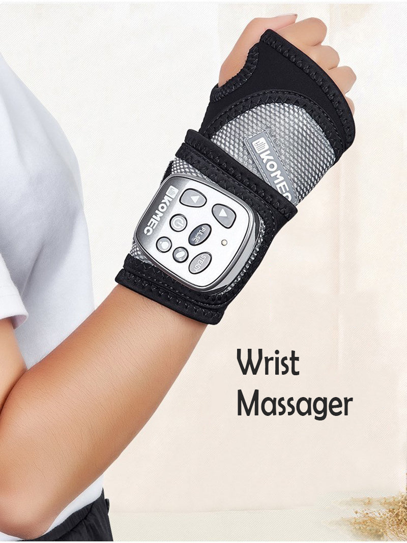 Wireless Vibration Physical Therapy Heating Wrist Massager in black and gray, showcasing its ergonomic design and user-friendly operation panel.