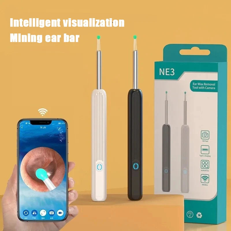 Wireless WiFi Ear Pick Otoscope Camera with luminous display for ear wax removal and inspection.