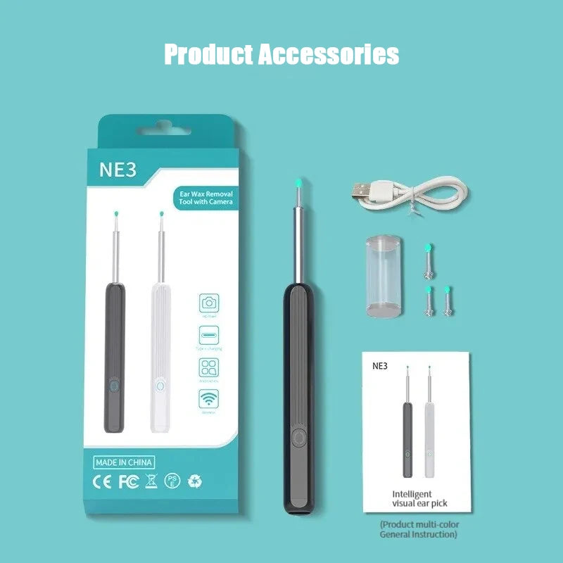 Wireless WiFi Ear Pick Otoscope Camera with luminous display for ear wax removal and inspection.