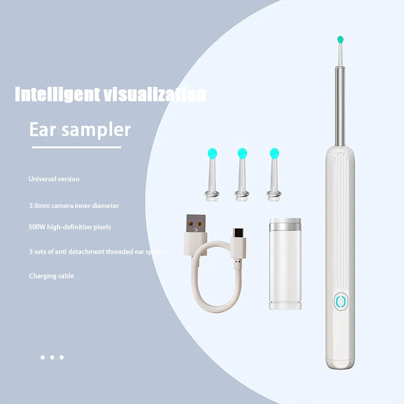 Wireless WiFi Ear Pick Otoscope Camera with luminous display for ear wax removal and inspection.