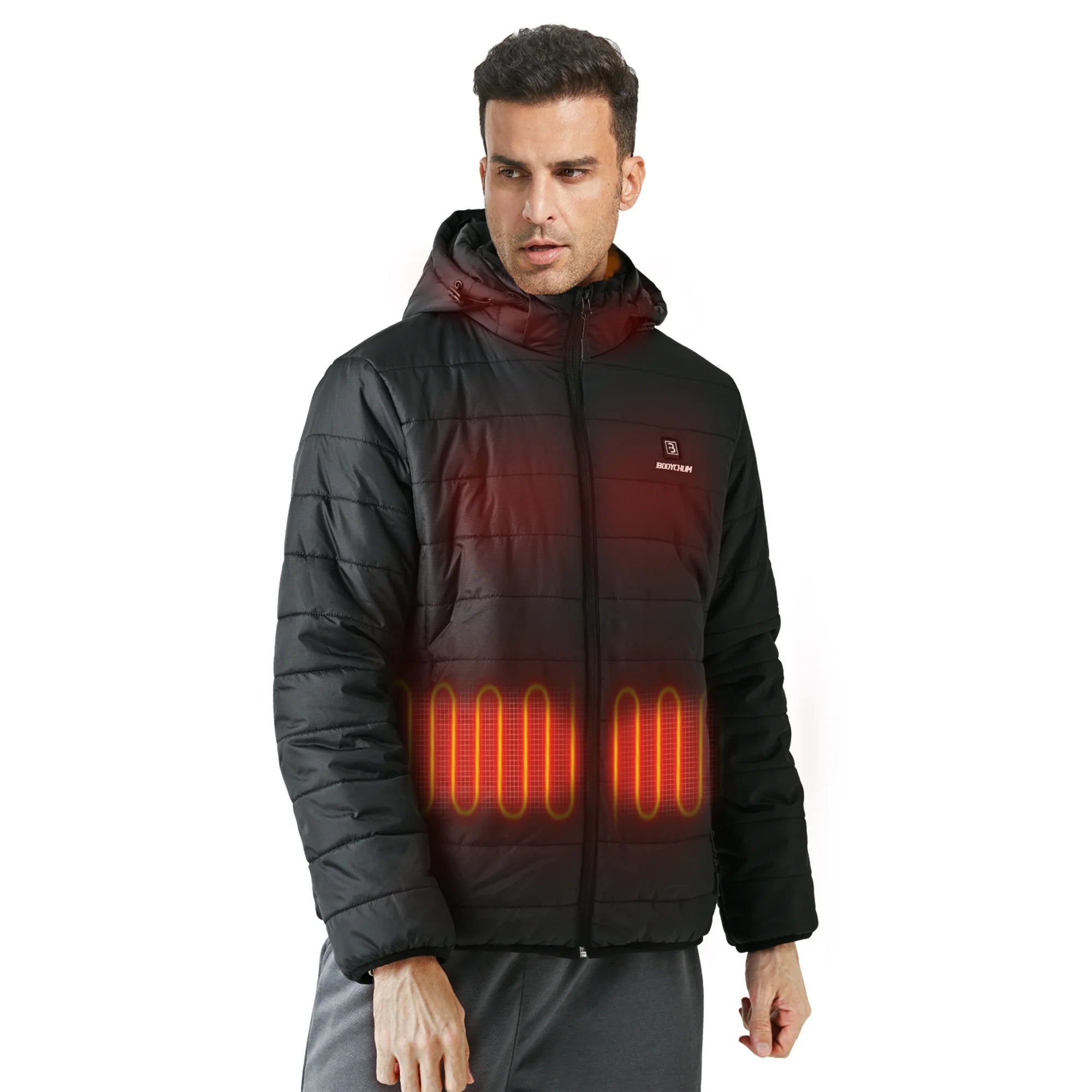 Women Men Heated Jacket with Battery Pack, showcasing adjustable heating levels and windproof fabric, ideal for outdoor activities.