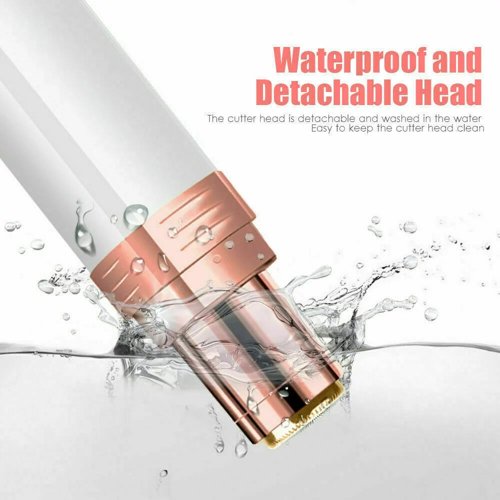 Women's Painless Facial Hair Remover in lipstick design, showcasing its sleek and portable form with LED light.