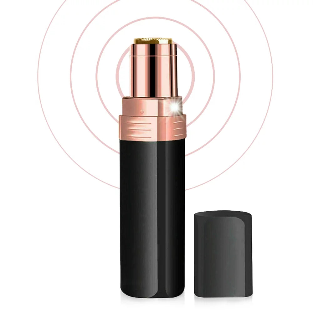 Women's Painless Facial Hair Remover in lipstick design, showcasing its sleek and portable form with LED light.