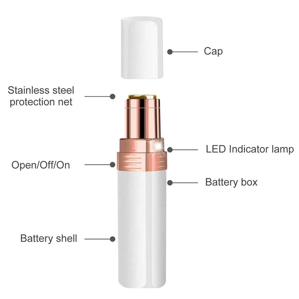 Women's Painless Facial Hair Remover in lipstick design, showcasing its sleek and portable form with LED light.