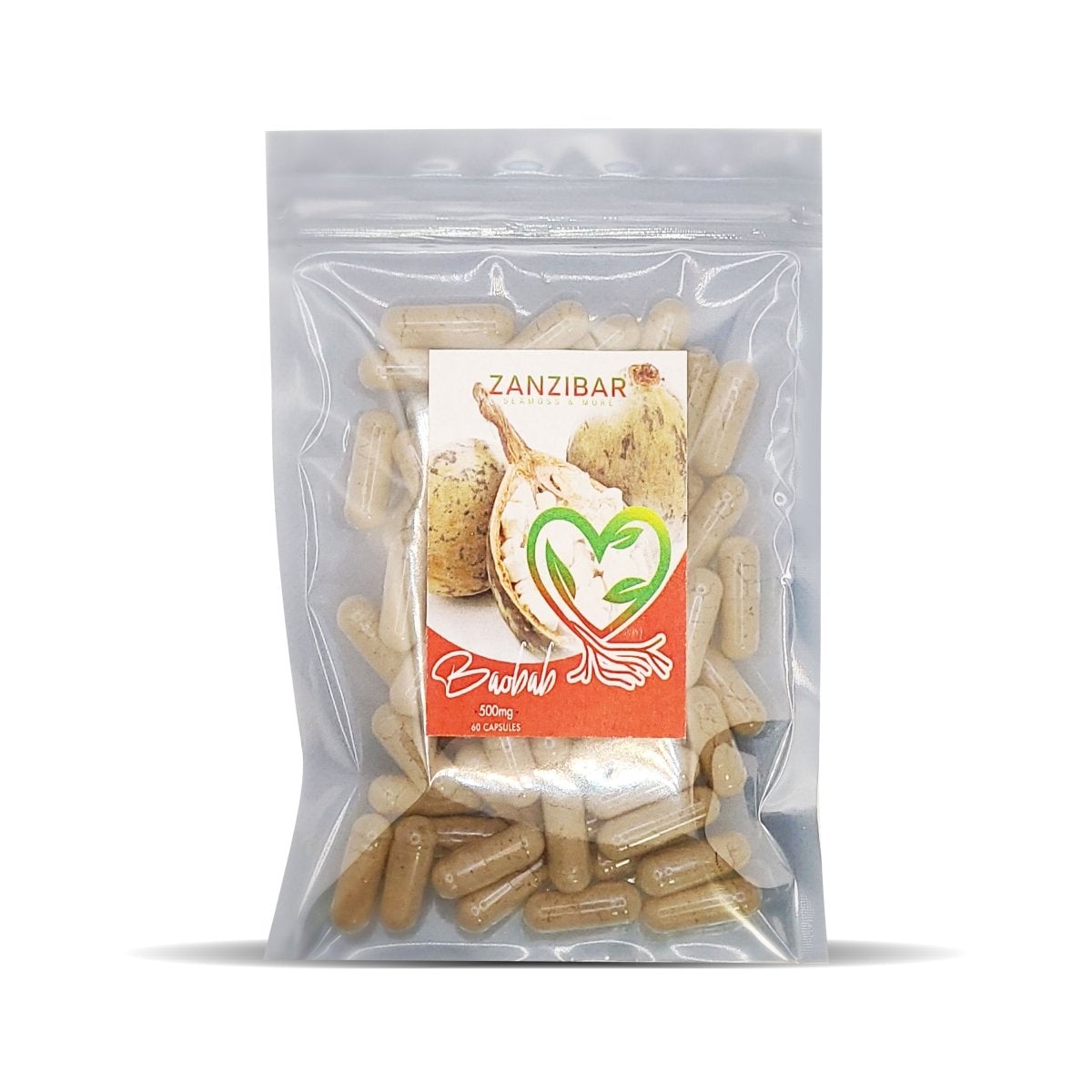 Zanzibar Baobab Pack containing 60 capsules, showcasing the product's packaging and highlighting its health benefits.
