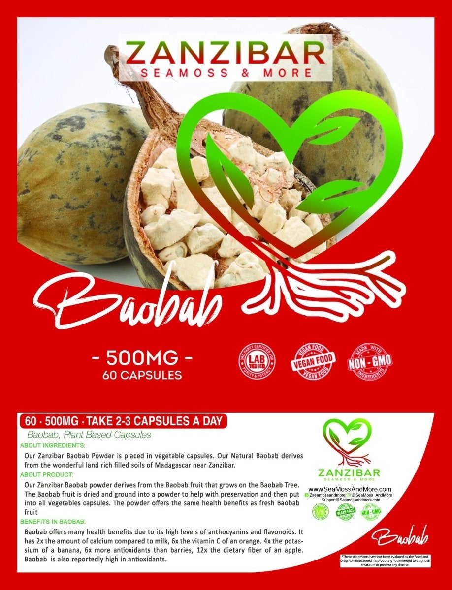 Zanzibar Baobab Pack containing 60 capsules, showcasing the product's packaging and highlighting its health benefits.