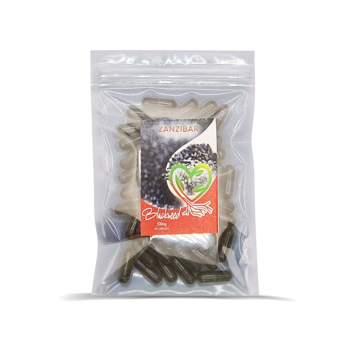 Zanzibar Blackseed Pack containing 60 vegetable capsules filled with black seed powder, showcasing the product's natural and health-promoting qualities.