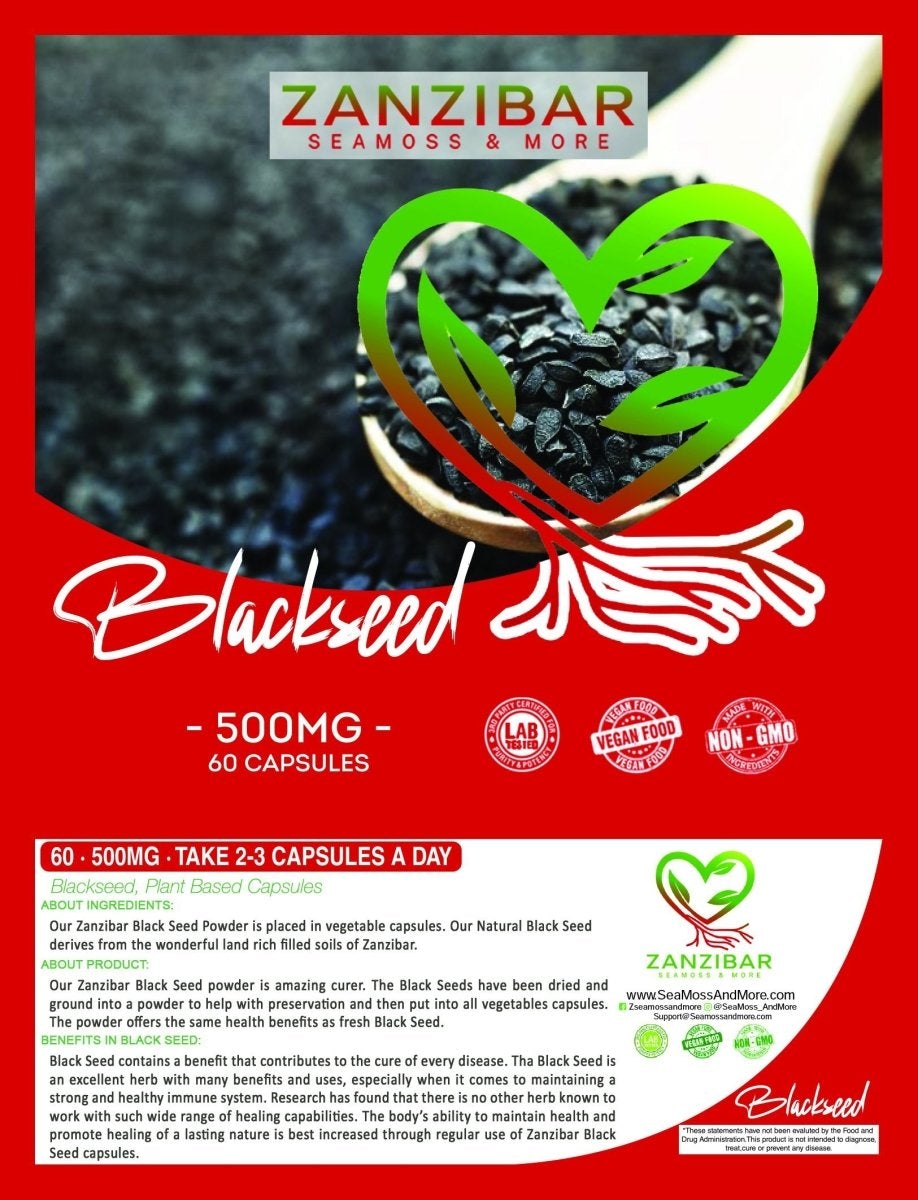 Zanzibar Blackseed Pack containing 60 vegetable capsules filled with black seed powder, showcasing the product's natural and health-promoting qualities.
