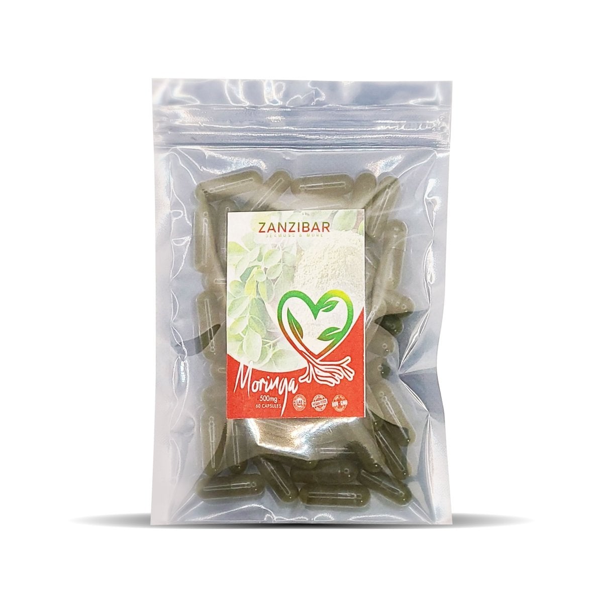 Zanzibar Moringa Pack containing 60 vegetable capsules, showcasing the natural green color of Moringa powder.