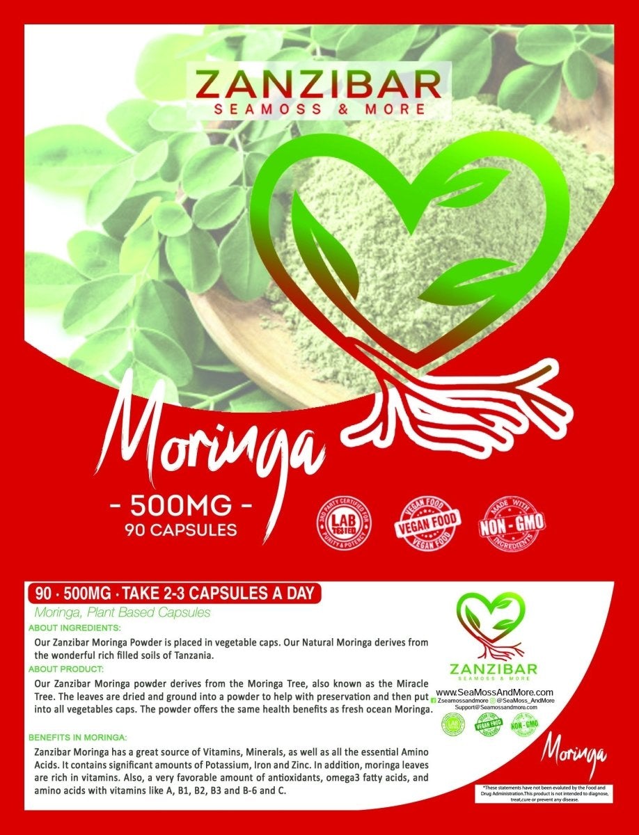 Zanzibar Moringa Pack containing 60 vegetable capsules, showcasing the natural green color of Moringa powder.