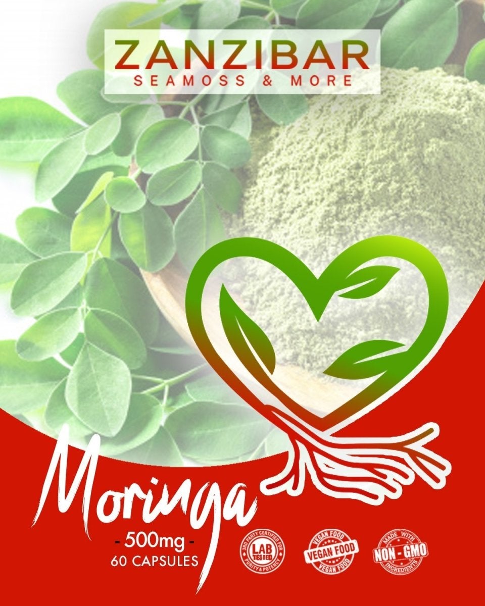 Zanzibar Moringa Pack containing 60 vegetable capsules, showcasing the natural green color of Moringa powder.