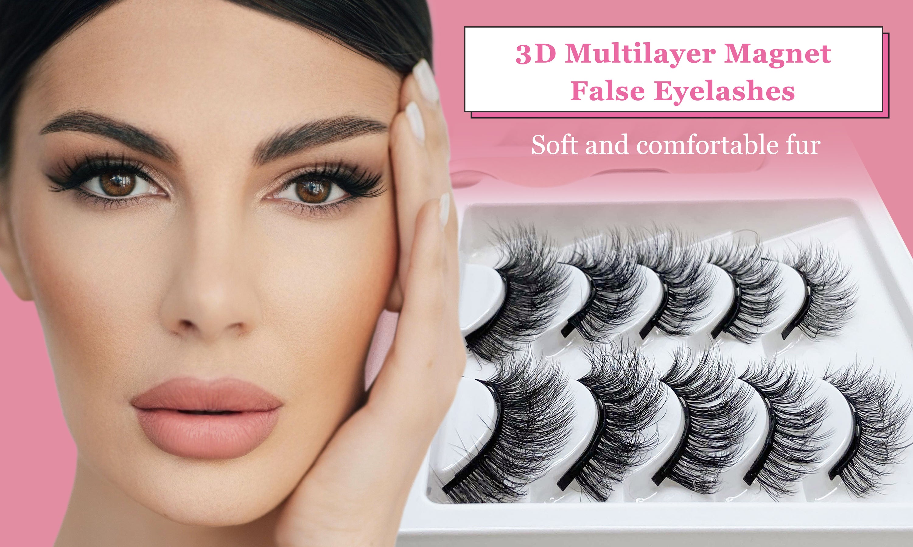 10 Piece Mixed 3D Multi-layer Magnetic False Eyelashes Set displayed with applicator and magnetic eyeliner, showcasing the elegant design and quality.