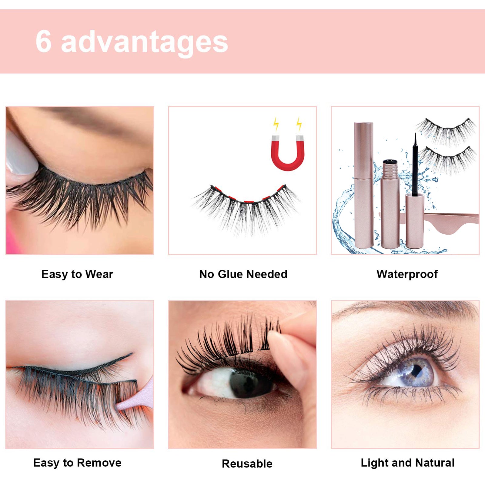 10 Piece Mixed 3D Multi-layer Magnetic False Eyelashes Set displayed with applicator and magnetic eyeliner, showcasing the elegant design and quality.
