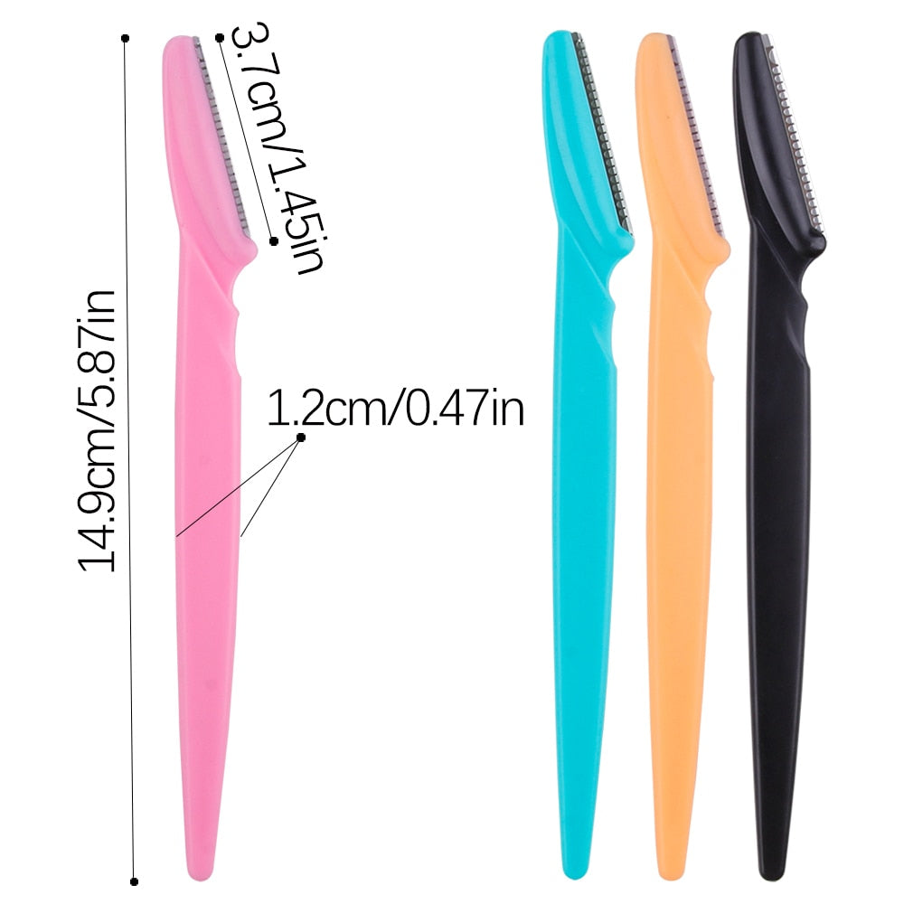 100PCS Eyebrow Shaper Portable Shaver in various colors including pink, yellow, blue, and black, showcasing its sleek design and stainless steel blades.