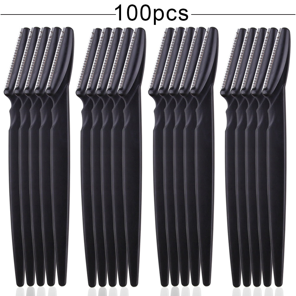 100PCS Eyebrow Shaper Portable Shaver in various colors including pink, yellow, blue, and black, showcasing its sleek design and stainless steel blades.