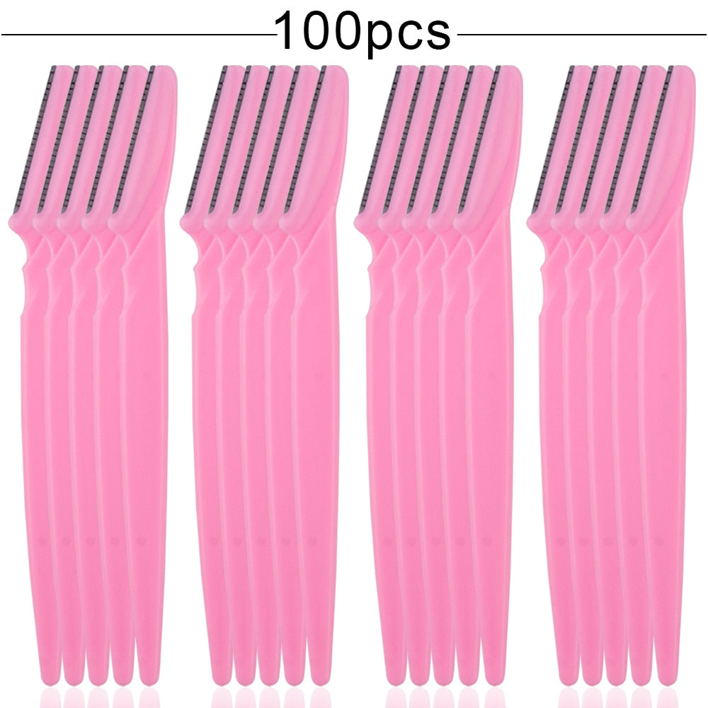 100PCS Eyebrow Shaper Portable Shaver in various colors including pink, yellow, blue, and black, showcasing its sleek design and stainless steel blades.