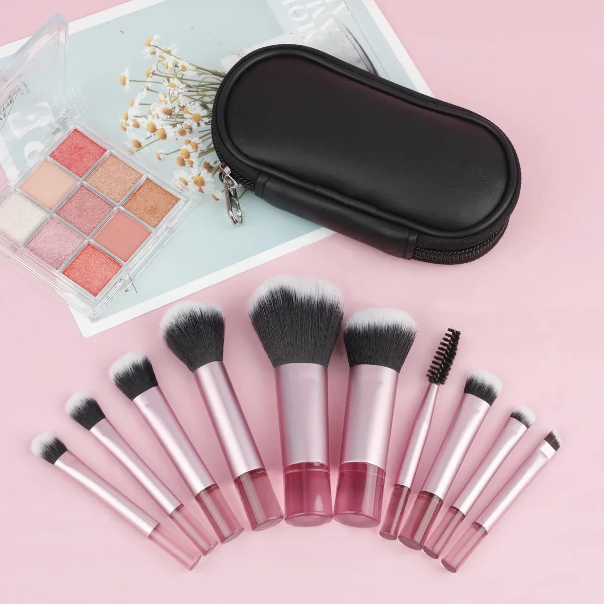 10Pcs Mini Makeup Brush Set featuring soft nylon wool bristles and pink resin handles, ideal for powder, eyeshadow, foundation, and blush application.