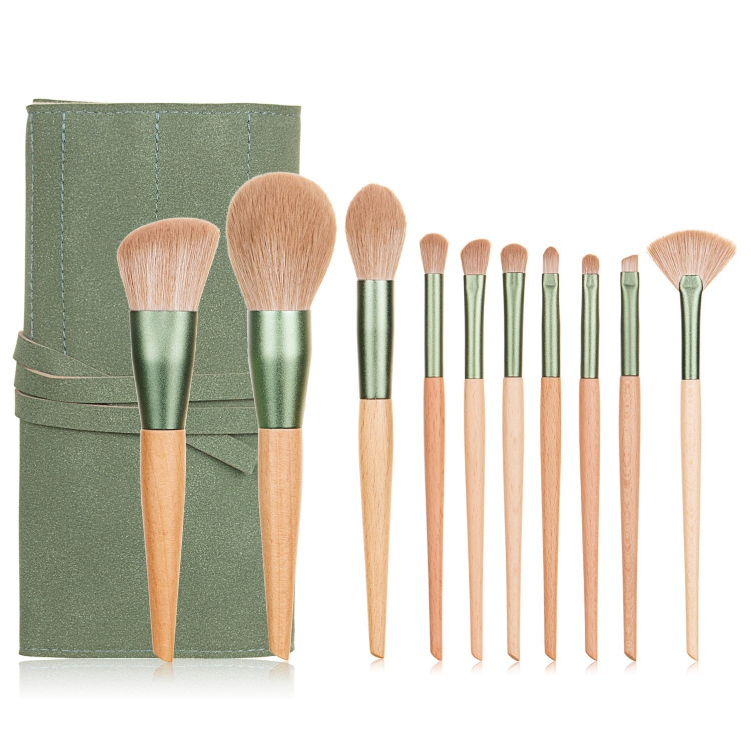 10-piece makeup brush set with nature wood handles and green pineapple bag, showcasing various brush types for makeup application.