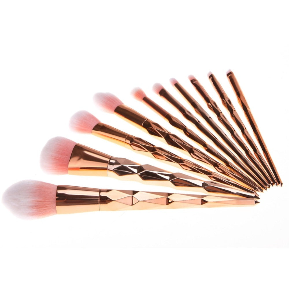 11Pcs Diamond Rose Gold Makeup Brushes Set featuring mermaid fishtail design, showcasing various brushes in elegant rose gold and purple colors.