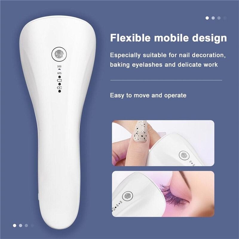 A compact 2 In 1 Mini Nail Eyelash Dryer featuring UV LED lamp, designed for quick drying and easy operation.
