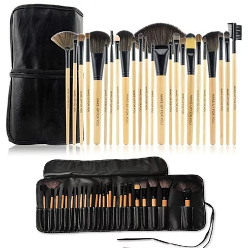 A 24 Piece High Quality Makeup Brush Set displayed in a stylish vegan leather case, featuring various brushes for foundation, contouring, and eye makeup.