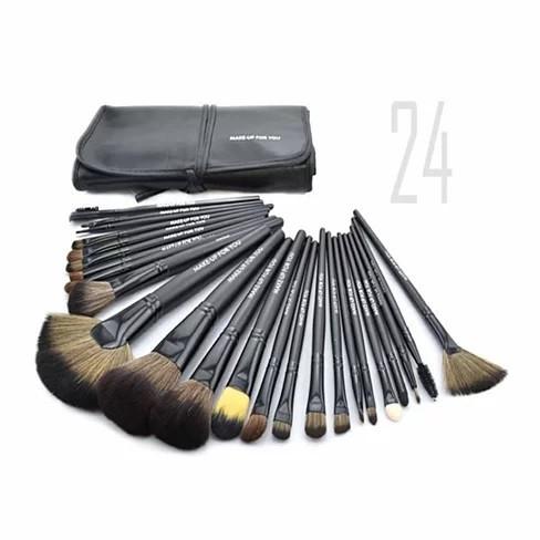 A 24 Piece High Quality Makeup Brush Set displayed in a stylish vegan leather case, featuring various brushes for foundation, contouring, and eye makeup.