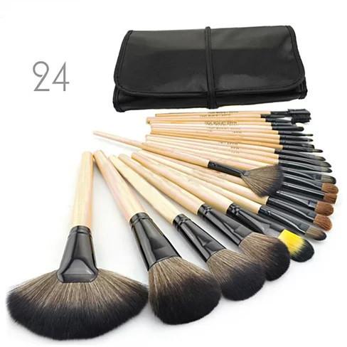 A 24 Piece High Quality Makeup Brush Set displayed in a stylish vegan leather case, featuring various brushes for foundation, contouring, and eye makeup.