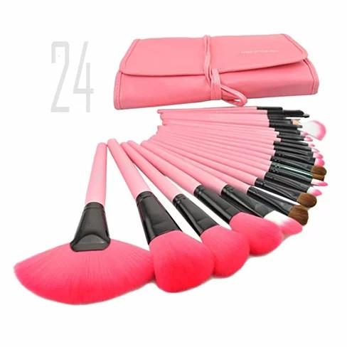A 24 Piece High Quality Makeup Brush Set displayed in a stylish vegan leather case, featuring various brushes for foundation, contouring, and eye makeup.