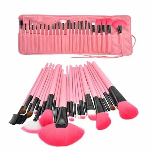 A 24 Piece High Quality Makeup Brush Set displayed in a stylish vegan leather case, featuring various brushes for foundation, contouring, and eye makeup.