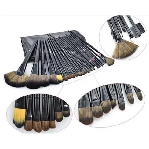 A 24 Piece High Quality Makeup Brush Set displayed in a stylish vegan leather case, featuring various brushes for foundation, contouring, and eye makeup.