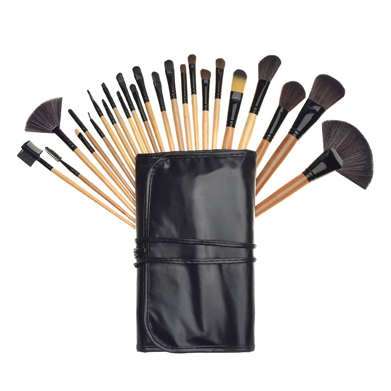24Pcs Professional Makeup Brush Set displayed in a stylish PU leather bag, showcasing various brush types for cosmetic application.