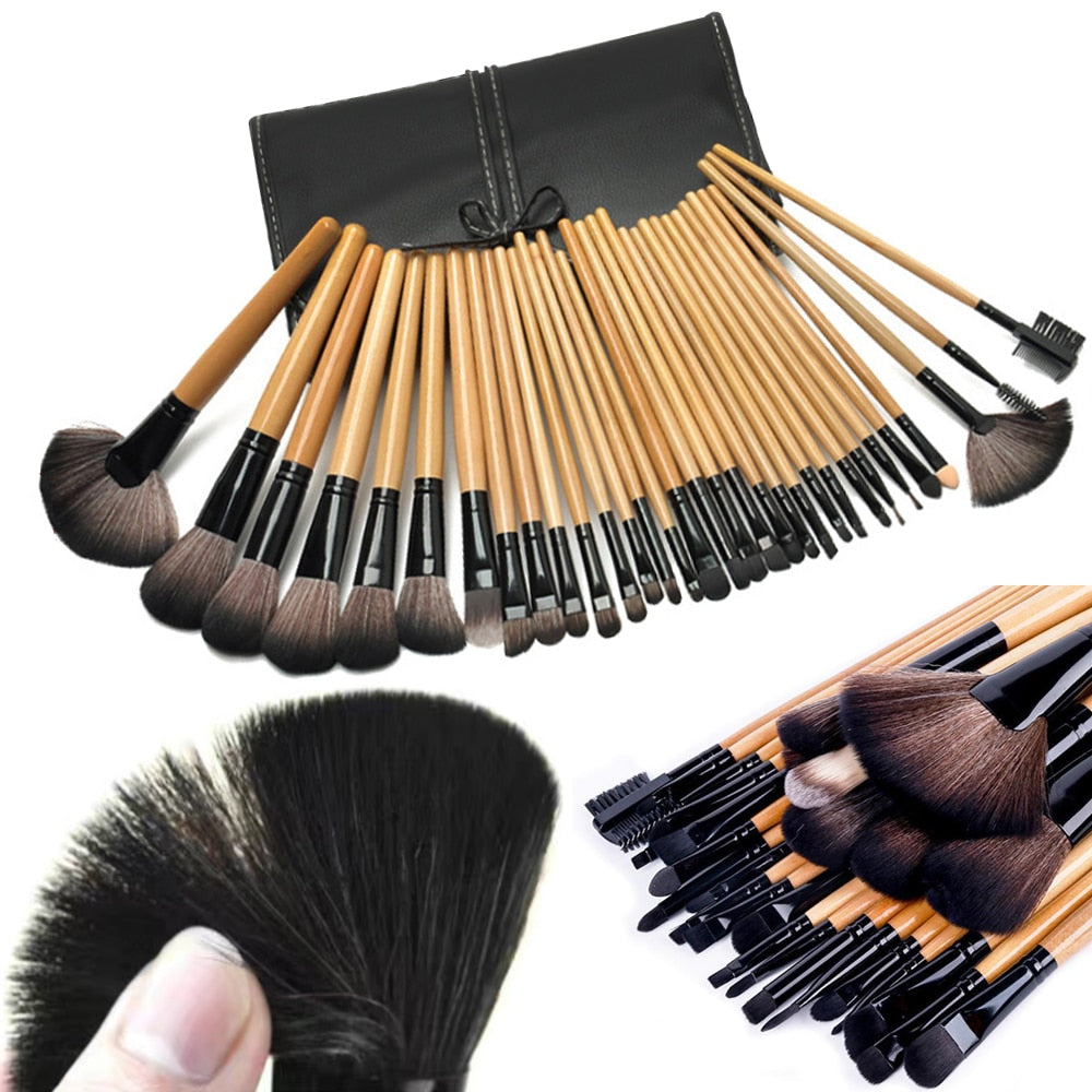 A complete set of 32 professional makeup brushes displayed in a stylish leather case, showcasing various brush types for foundation, powder, and eye makeup.