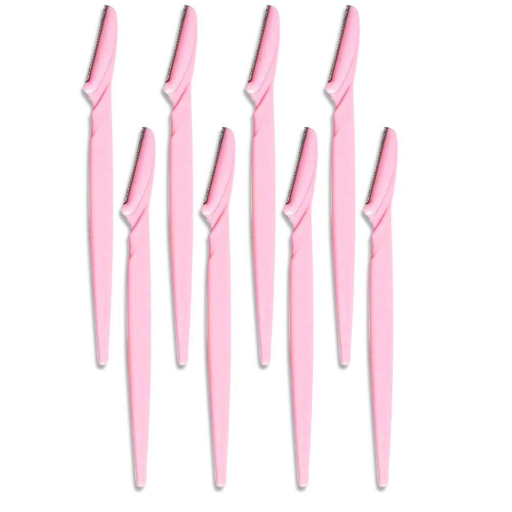 A set of 50 eyebrow trimmer blades in pink, yellow, and blue colors, showcasing their ergonomic design and stainless steel material.