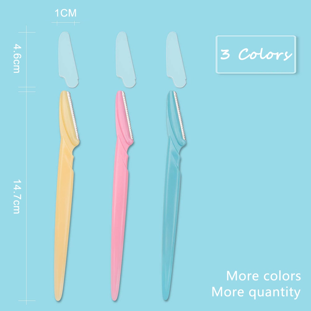 A set of 50 eyebrow trimmer blades in pink, yellow, and blue colors, showcasing their ergonomic design and stainless steel material.