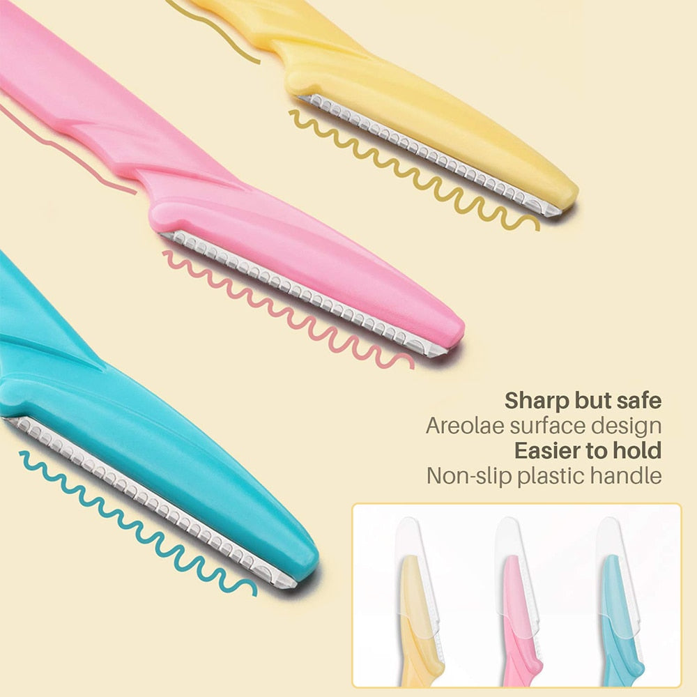 A set of 50 eyebrow trimmer blades in pink, yellow, and blue colors, showcasing their ergonomic design and stainless steel material.