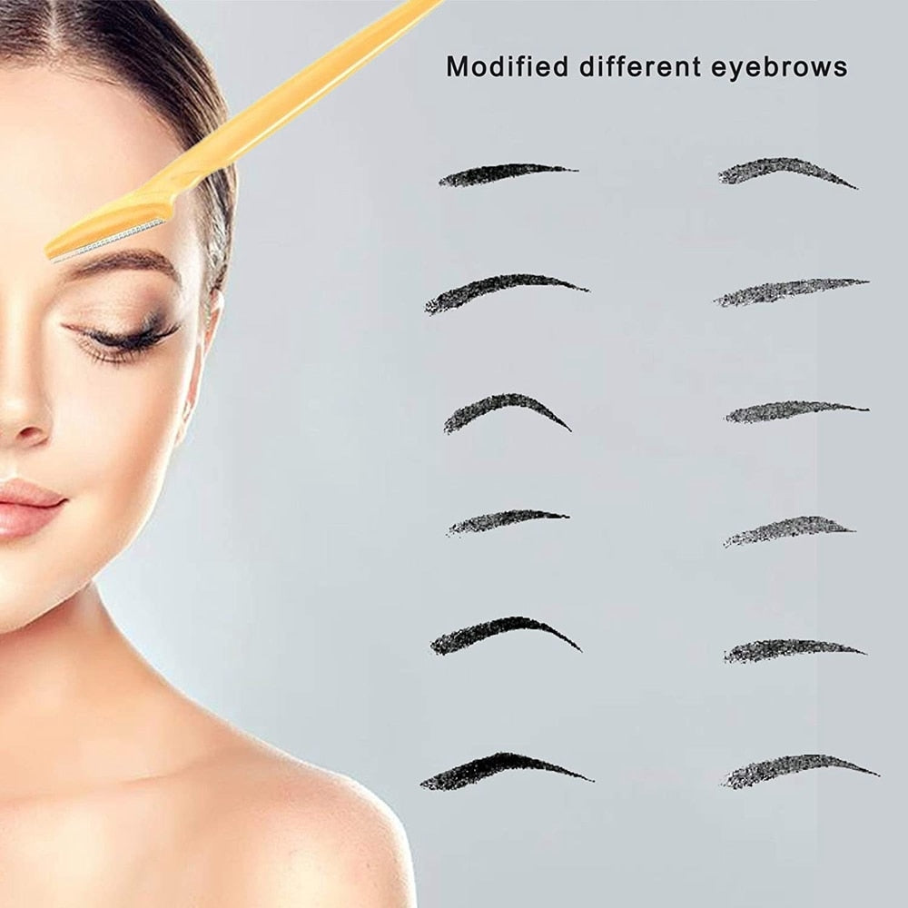 A set of 50 eyebrow trimmer blades in pink, yellow, and blue colors, showcasing their ergonomic design and stainless steel material.