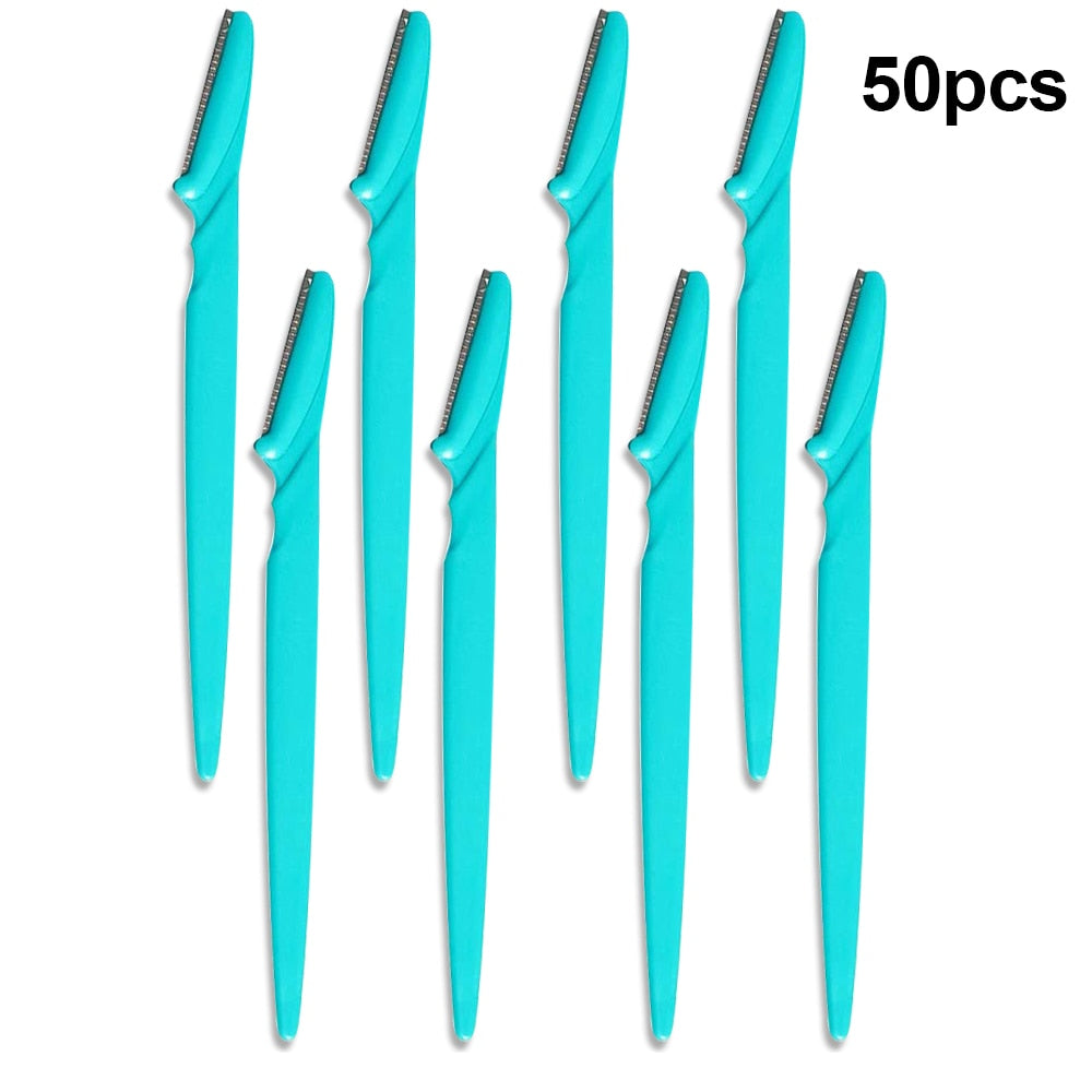 A set of 50 eyebrow trimmer blades in pink, yellow, and blue colors, showcasing their ergonomic design and stainless steel material.