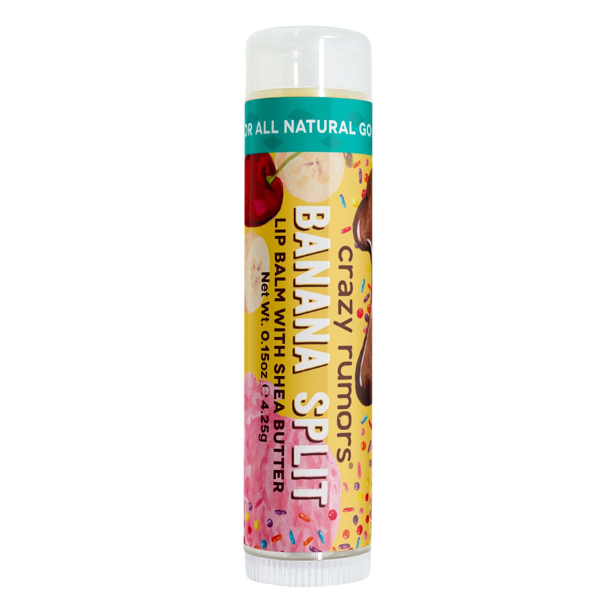 A vibrant Banana Split treat showcasing a blend of bananas, chocolate, and strawberries, topped with creamy vanilla, all in a 0.15oz tube.