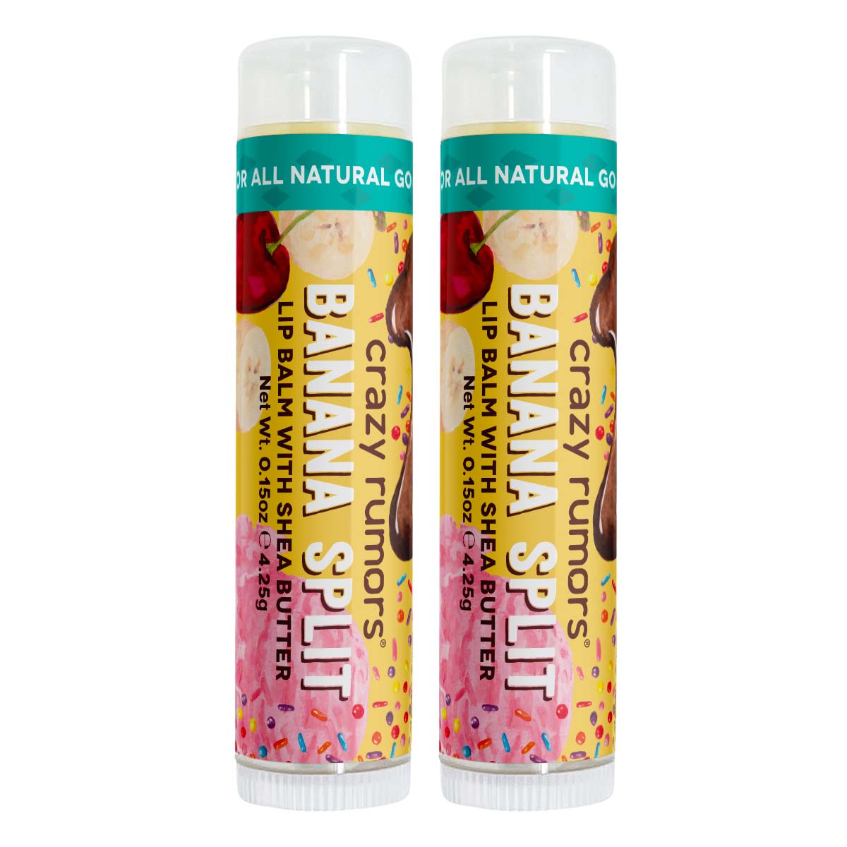 A vibrant Banana Split treat showcasing a blend of bananas, chocolate, and strawberries, topped with creamy vanilla, all in a 0.15oz tube.