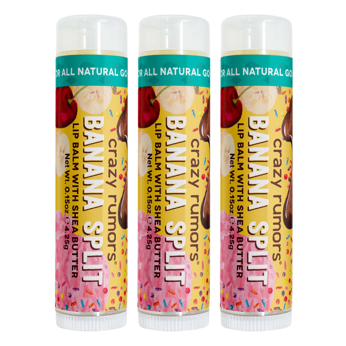 A vibrant Banana Split treat showcasing a blend of bananas, chocolate, and strawberries, topped with creamy vanilla, all in a 0.15oz tube.